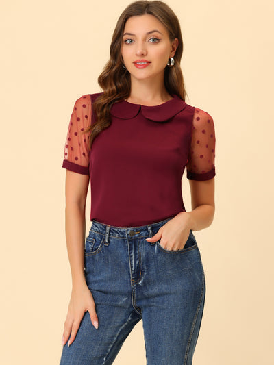 Peter Pan Collar Puff Mesh Short Sleeve Polka Dot Blouse