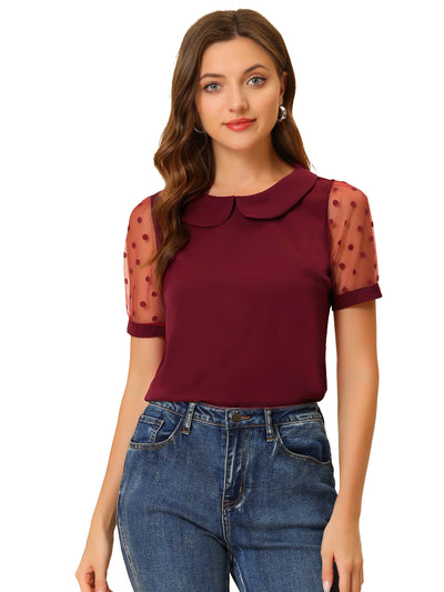 Peter Pan Collar Puff Mesh Short Sleeve Polka Dot Blouse