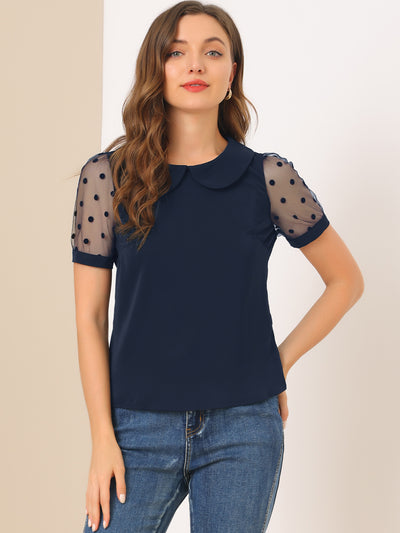 Peter Pan Collar Puff Mesh Short Sleeve Polka Dot Blouse