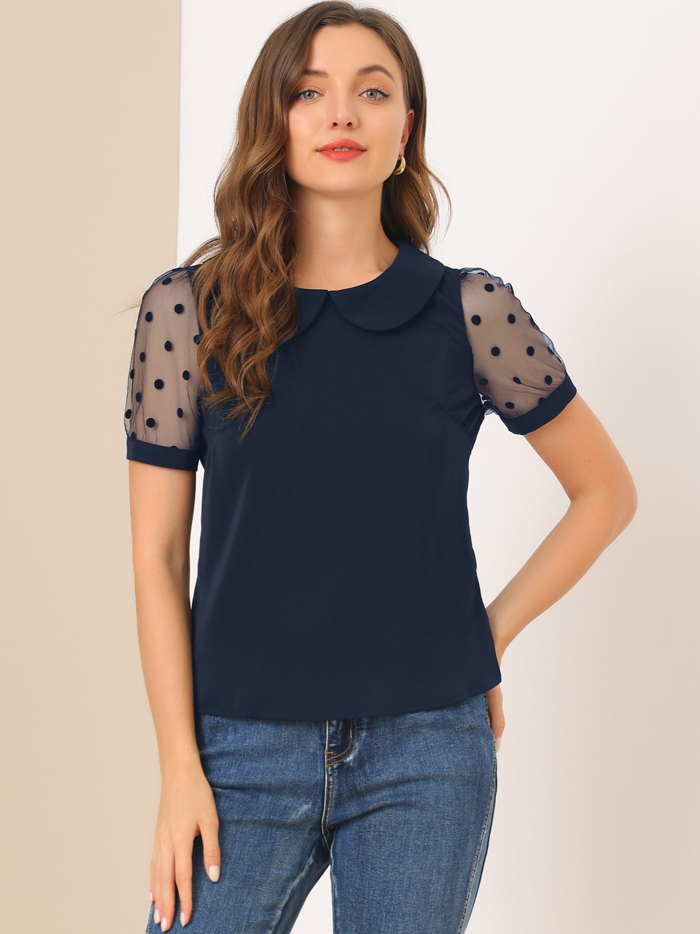 Allegra K Peter Pan Collar Puff Mesh Short Sleeve Polka Dot Blouse