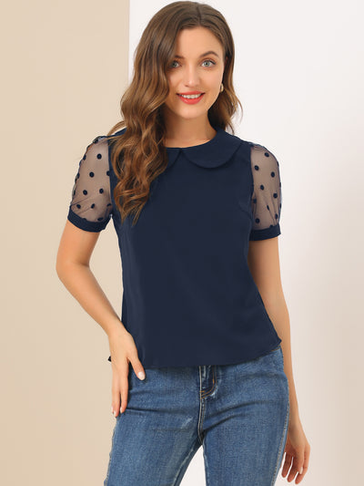 Peter Pan Collar Puff Mesh Short Sleeve Polka Dot Blouse