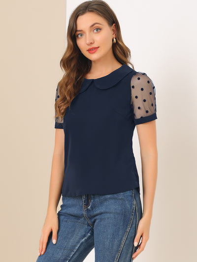 Peter Pan Collar Puff Mesh Short Sleeve Polka Dot Blouse