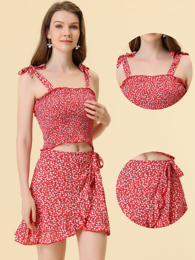 Allegra K 2 Piece Outfit Summer Floral Print Smocked Mini Skirt Set