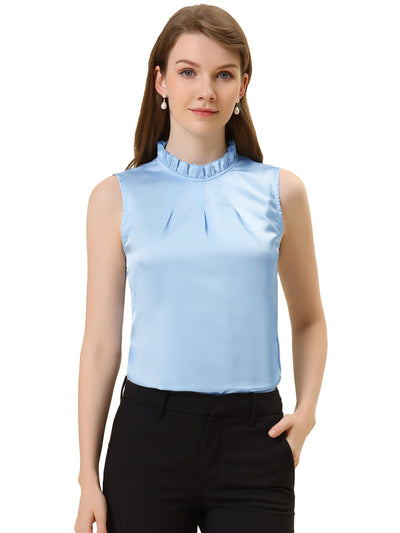 Sleeveless Blouse Mock Neck Ruffles Elegant Satin Work Tops