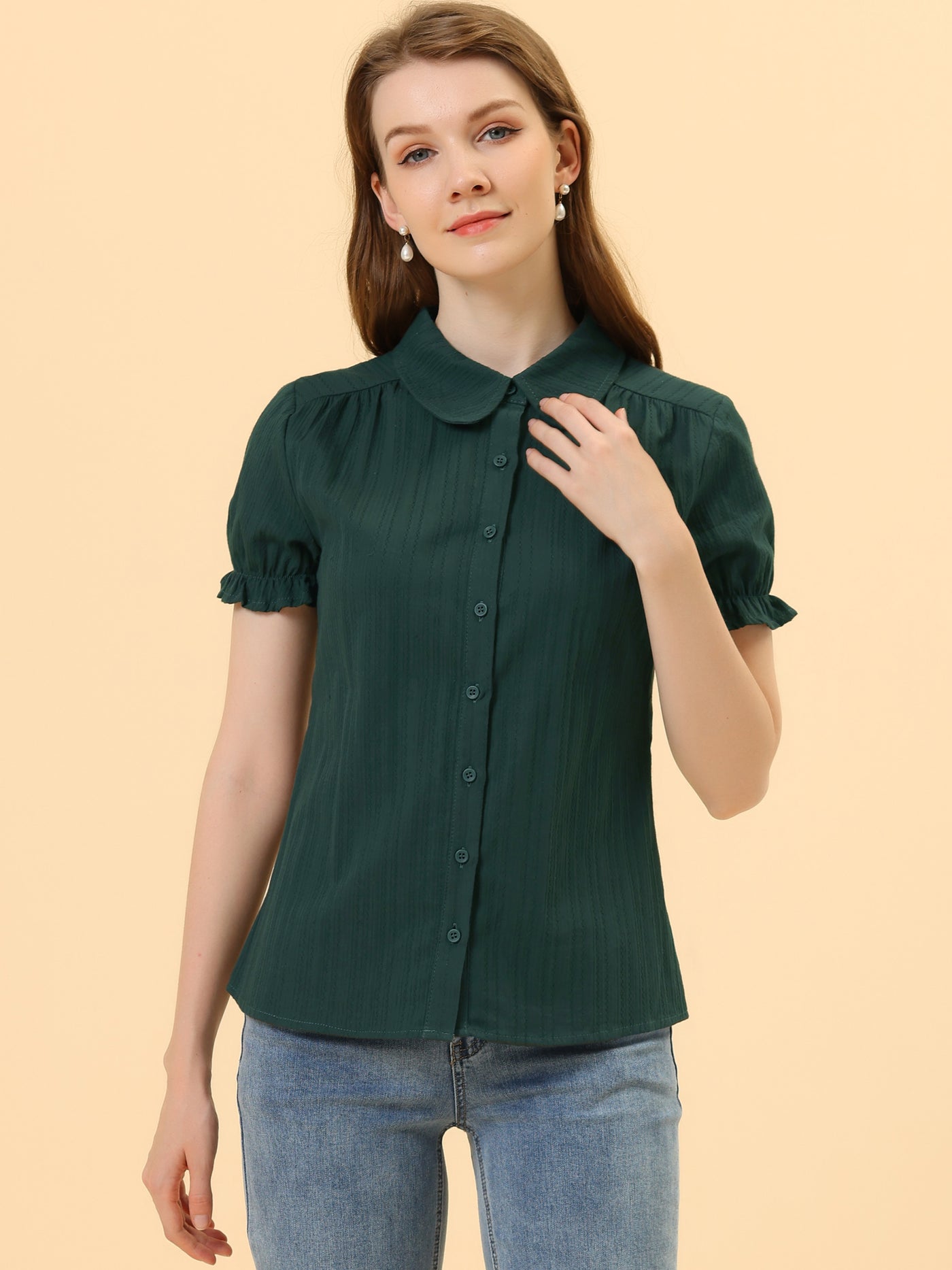 Allegra K Cotton Frilled Top Turndown Collar Solid Blouse Shirt
