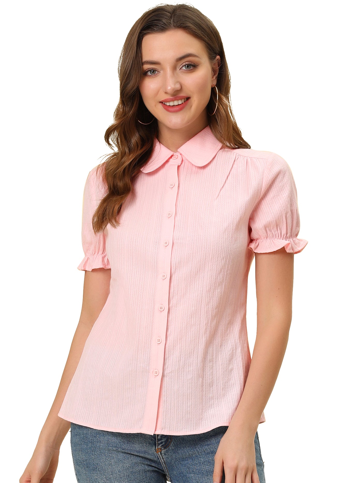 Allegra K Cotton Frilled Top Turndown Collar Solid Blouse Shirt