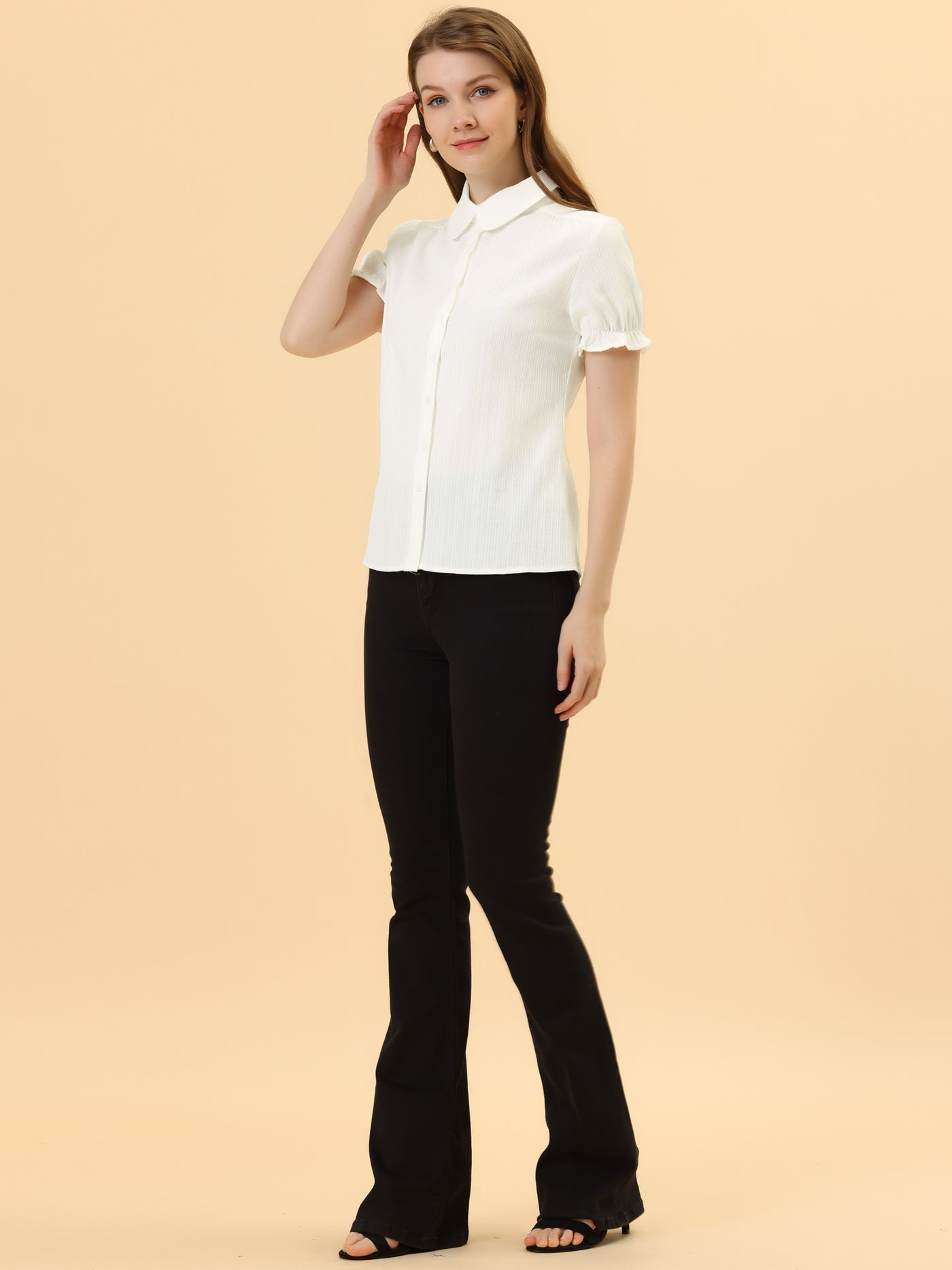 Allegra K Cotton Frilled Top Turndown Collar Solid Blouse Shirt