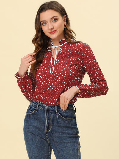 Bow Tie Neck Blouse Ruffled Collar Printed Long Sleeve Vintage Top