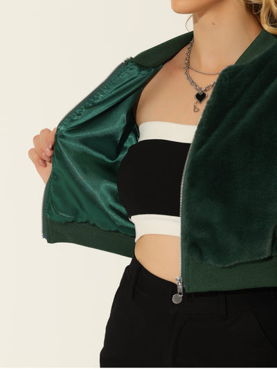 Faux Fur Long Sleeve Winter Zipper Up Cropped Bomber Jacket