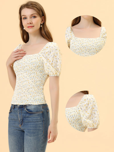 Smocked Top Floral Puff Sleeve Slim Fit Square Neck Blouse