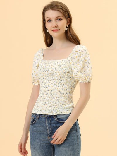 Smocked Top Floral Puff Sleeve Slim Fit Square Neck Blouse