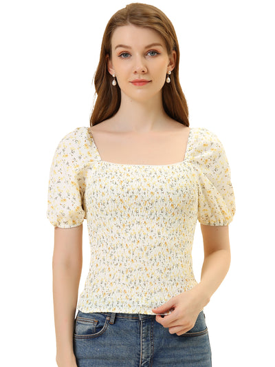 Smocked Top Floral Puff Sleeve Slim Fit Square Neck Blouse