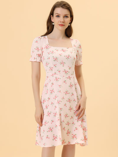 Summer Floral Square Neck Short Sleeve Midi A-line Dress