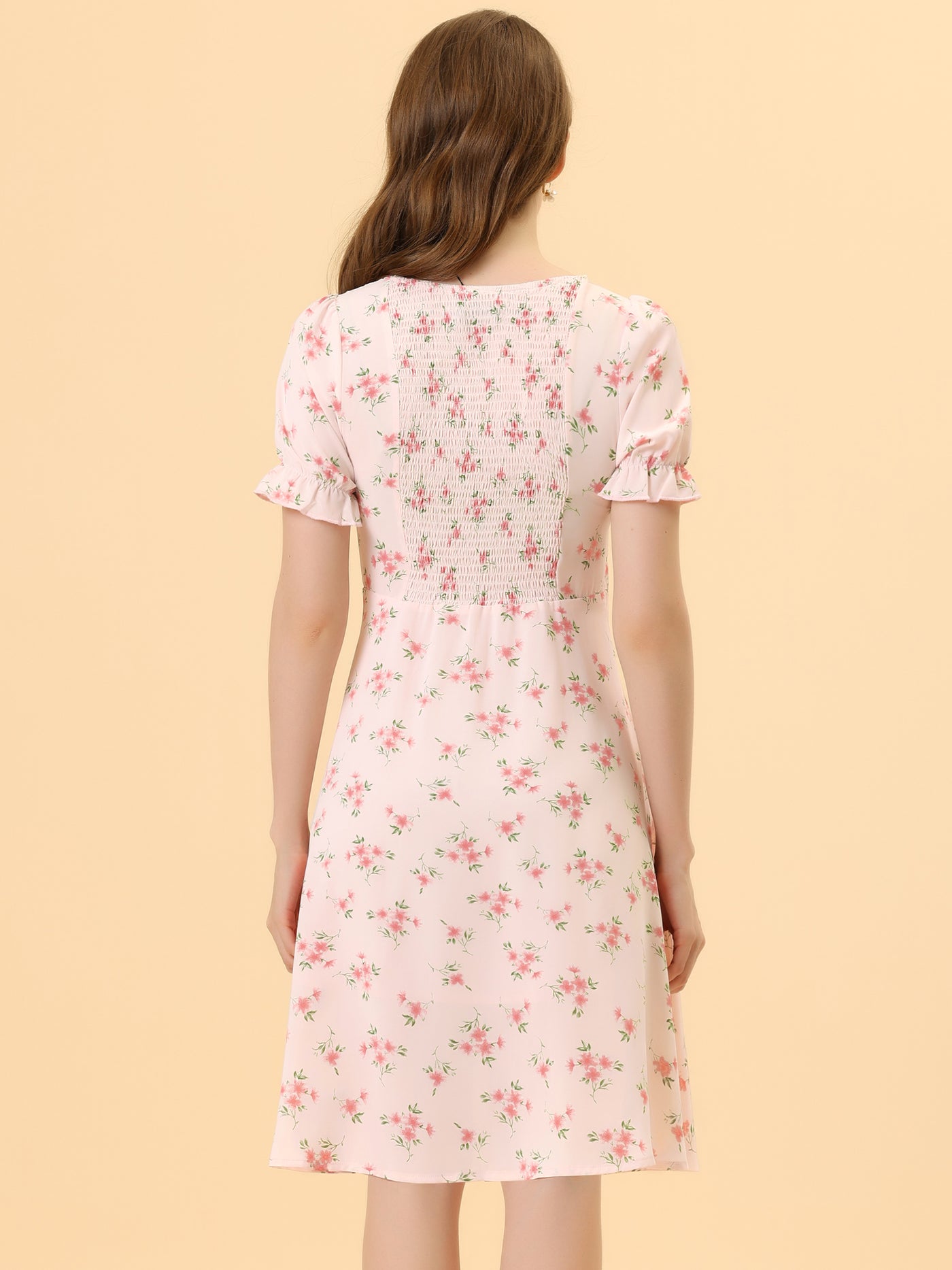 Allegra K Summer Floral Square Neck Short Sleeve Midi A-line Dress
