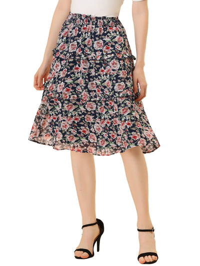 Floral Smocked Elastic Waist Knee Length Ruffle Tiered Skirt