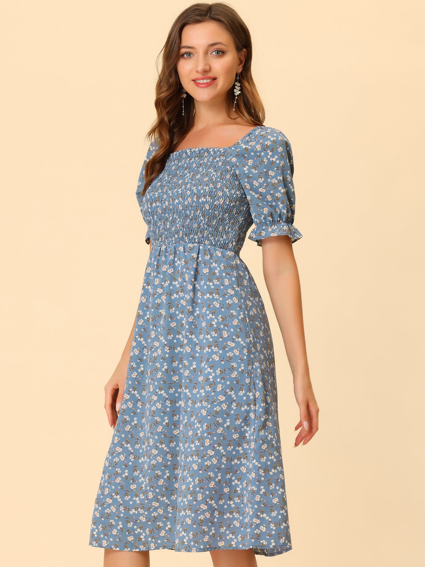 Allegra K Square Neck Puff Sleeve Shirred Floral Casual Midi Dress