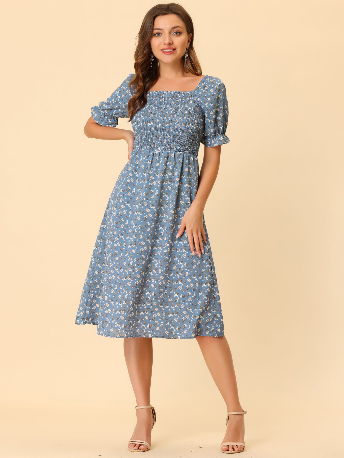 Allegra K Square Neck Puff Sleeve Shirred Floral Casual Midi Dress