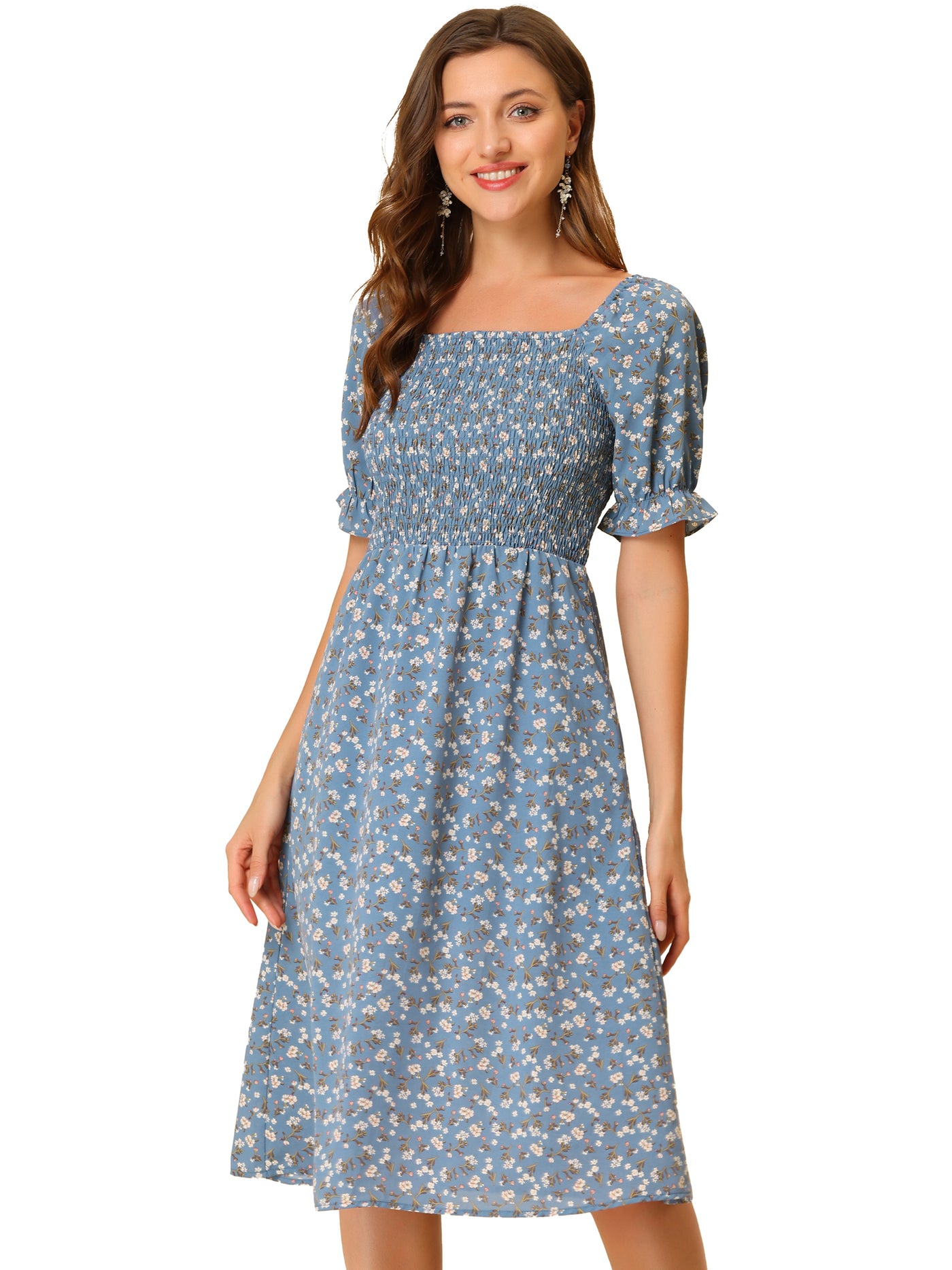 Allegra K Square Neck Puff Sleeve Shirred Floral Casual Midi Dress