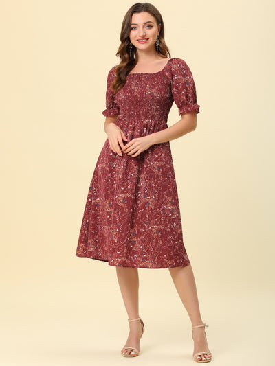 Square Neck Puff Sleeve Shirred Floral Casual Midi Dress