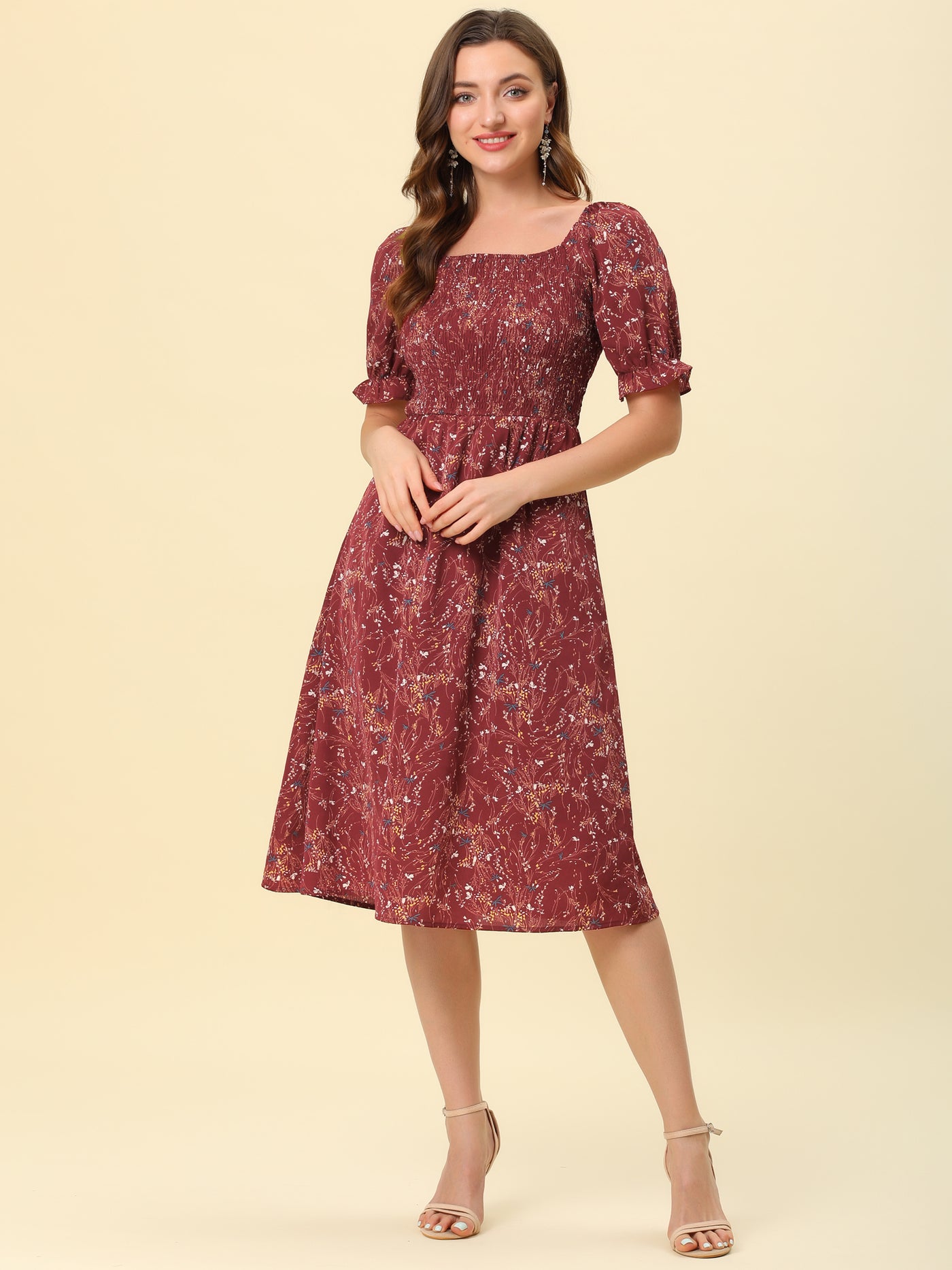 Allegra K Square Neck Puff Sleeve Shirred Floral Casual Midi Dress