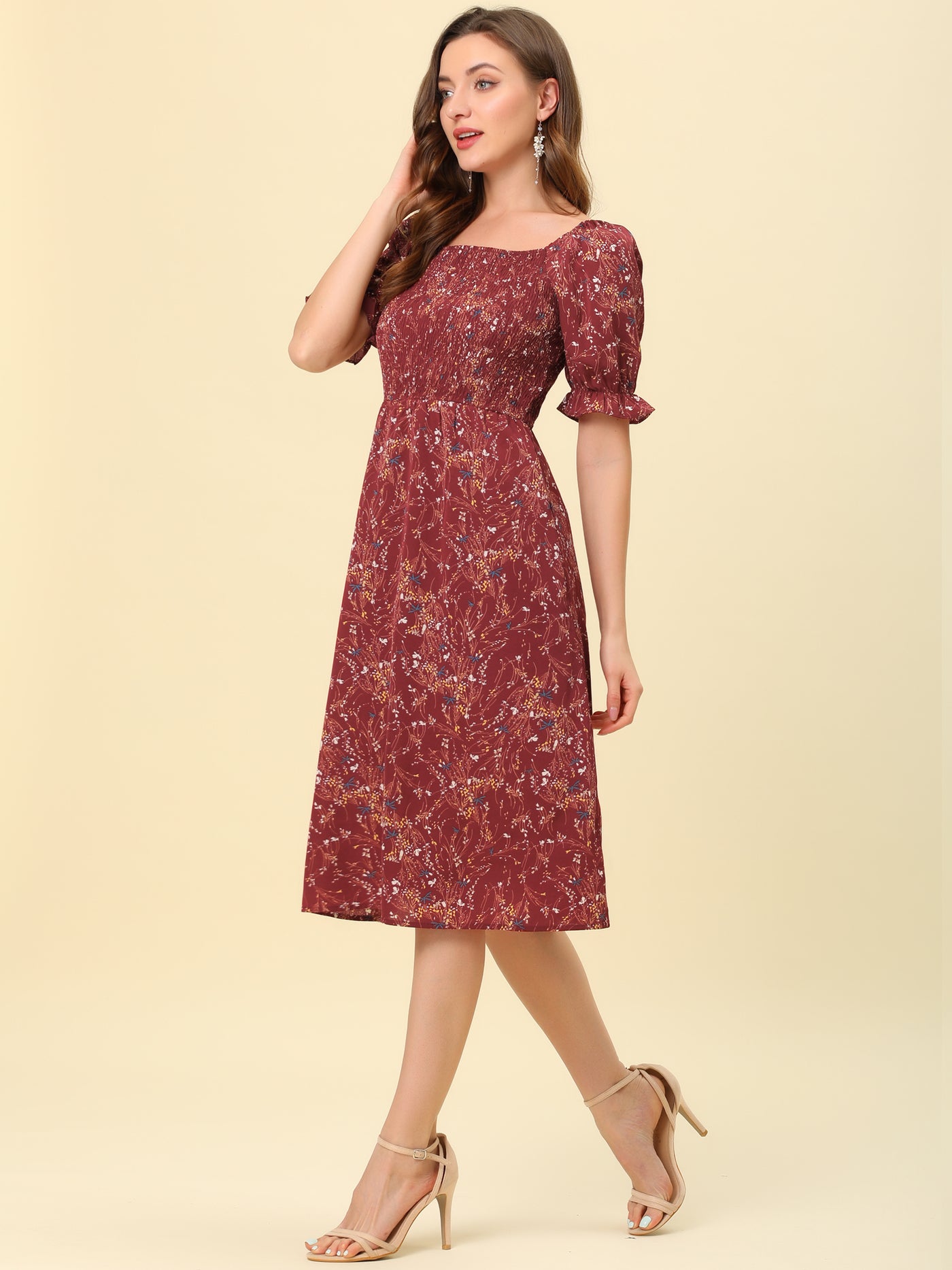 Allegra K Square Neck Puff Sleeve Shirred Floral Casual Midi Dress