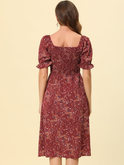 Square Neck Puff Sleeve Shirred Floral Casual Midi Dress