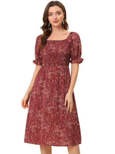 Square Neck Puff Sleeve Shirred Floral Casual Midi Dress