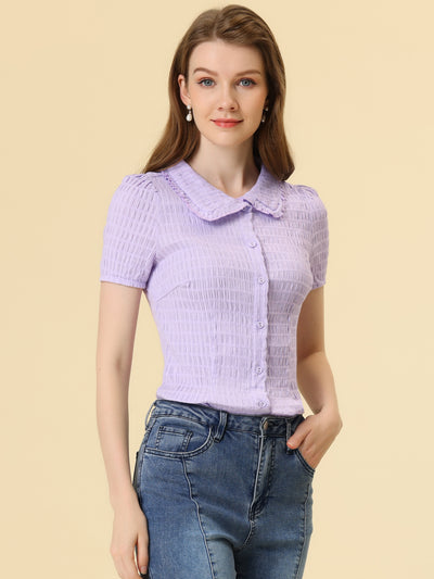 Peter Pan Collar Short Sleeves Textured Button Down Blouse