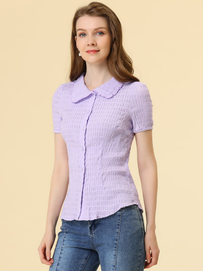 Peter Pan Collar Short Sleeves Textured Button Down Blouse