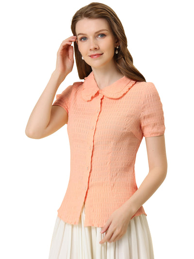 Peter Pan Collar Short Sleeves Textured Button Down Blouse