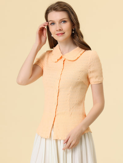 Peter Pan Collar Short Sleeves Textured Button Down Blouse