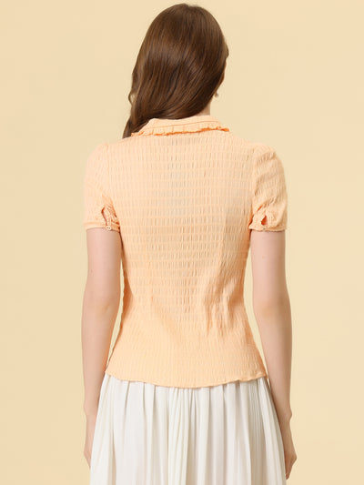 Peter Pan Collar Short Sleeves Textured Button Down Blouse