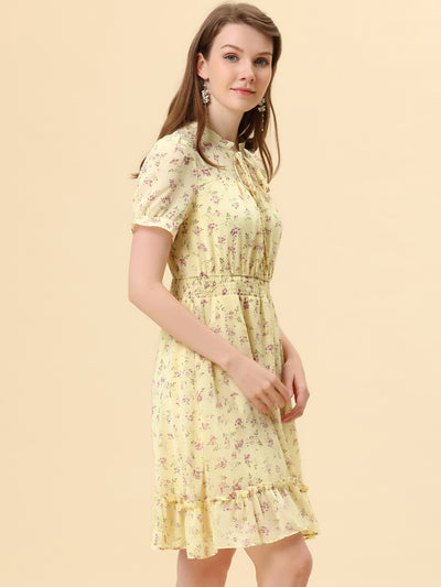 Floral Smocked Tie Neck Puff Sleeve Ruffle Chiffon Tiered Dress