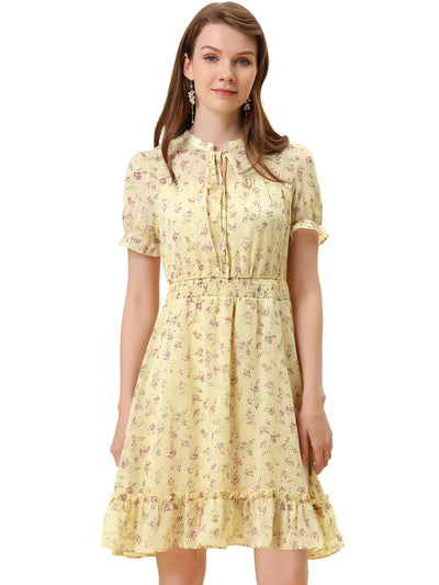 Floral Smocked Tie Neck Puff Sleeve Ruffle Chiffon Tiered Dress