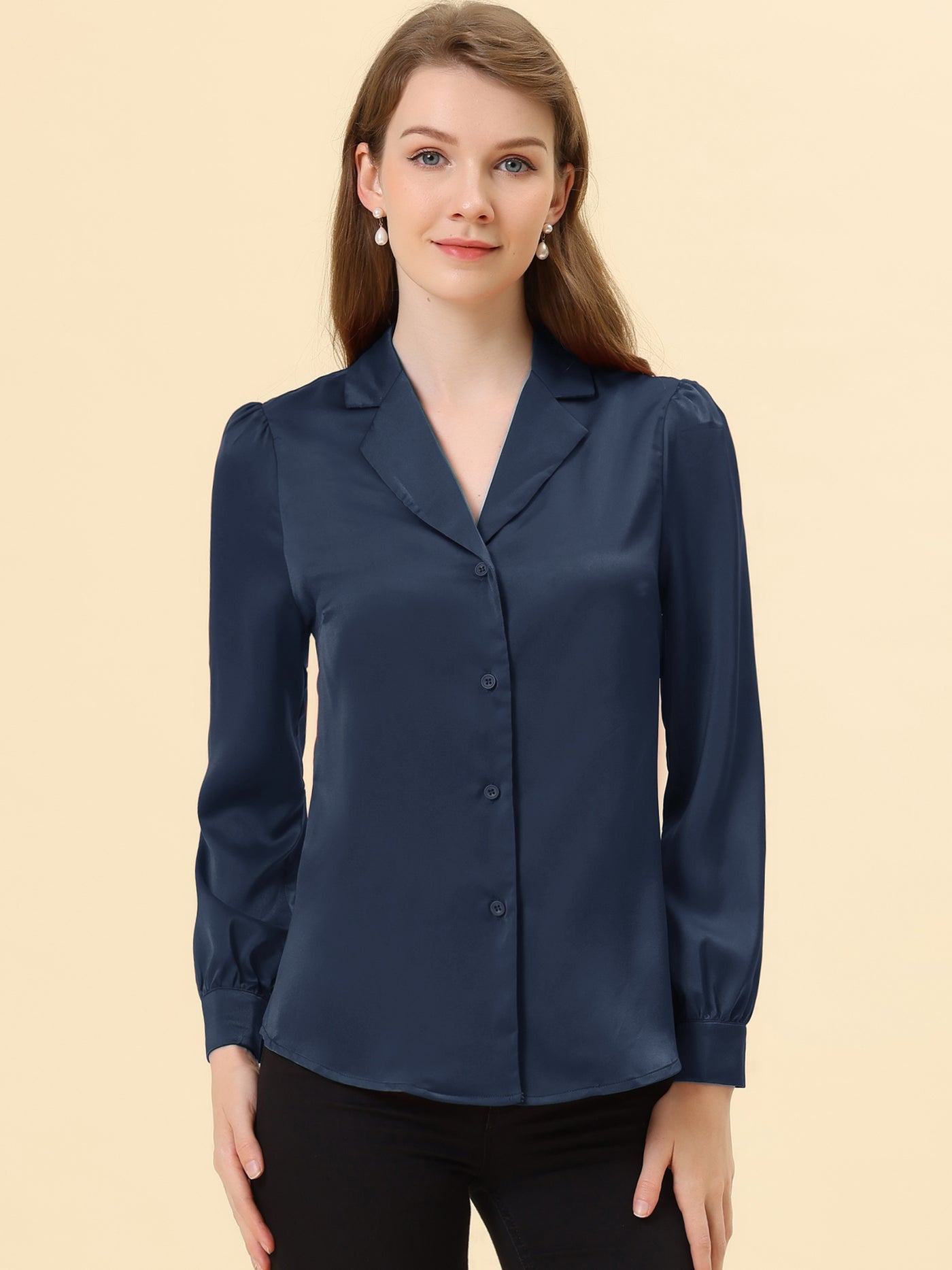 Allegra K Long Sleeve Work Office Satin Button Down Shirt