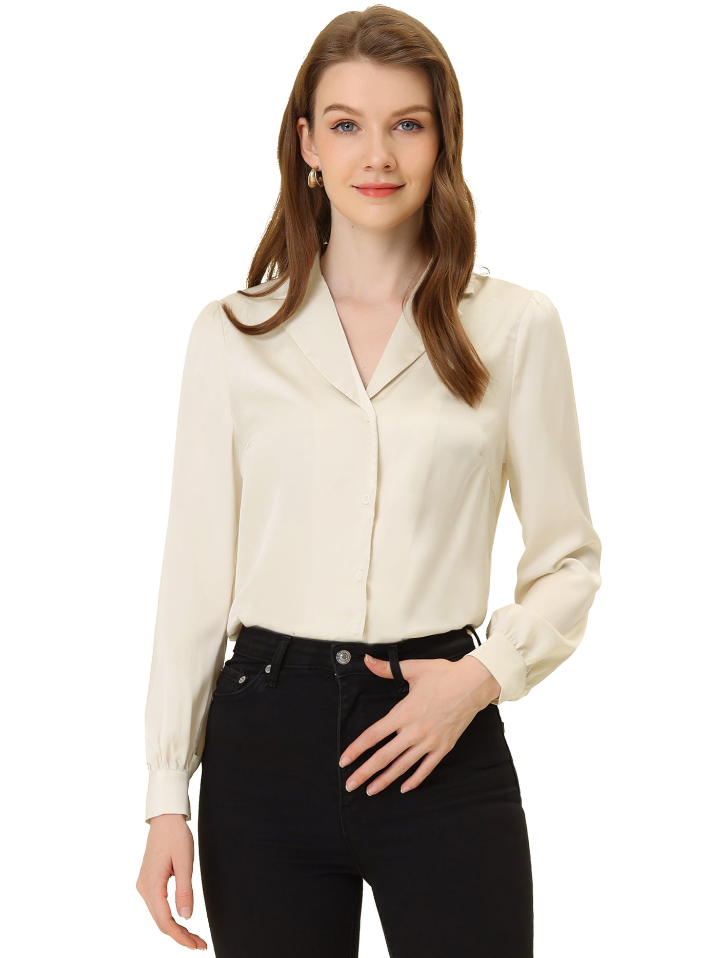 Allegra K Elegant Collar Blouse Long Sleeve Work Office Satin Button Down Shirt