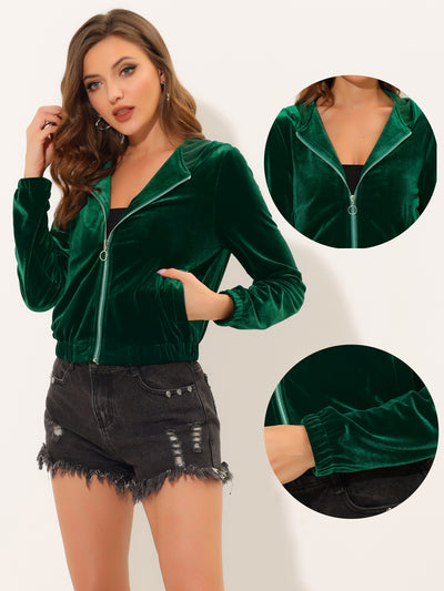 Hooded Jacket Pockets Casual Velvet Zip Up Crop Sweatshirt