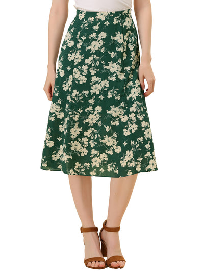 Floral Peasant Elastic Waist A-Line Ditsy Leave Midi Skirt