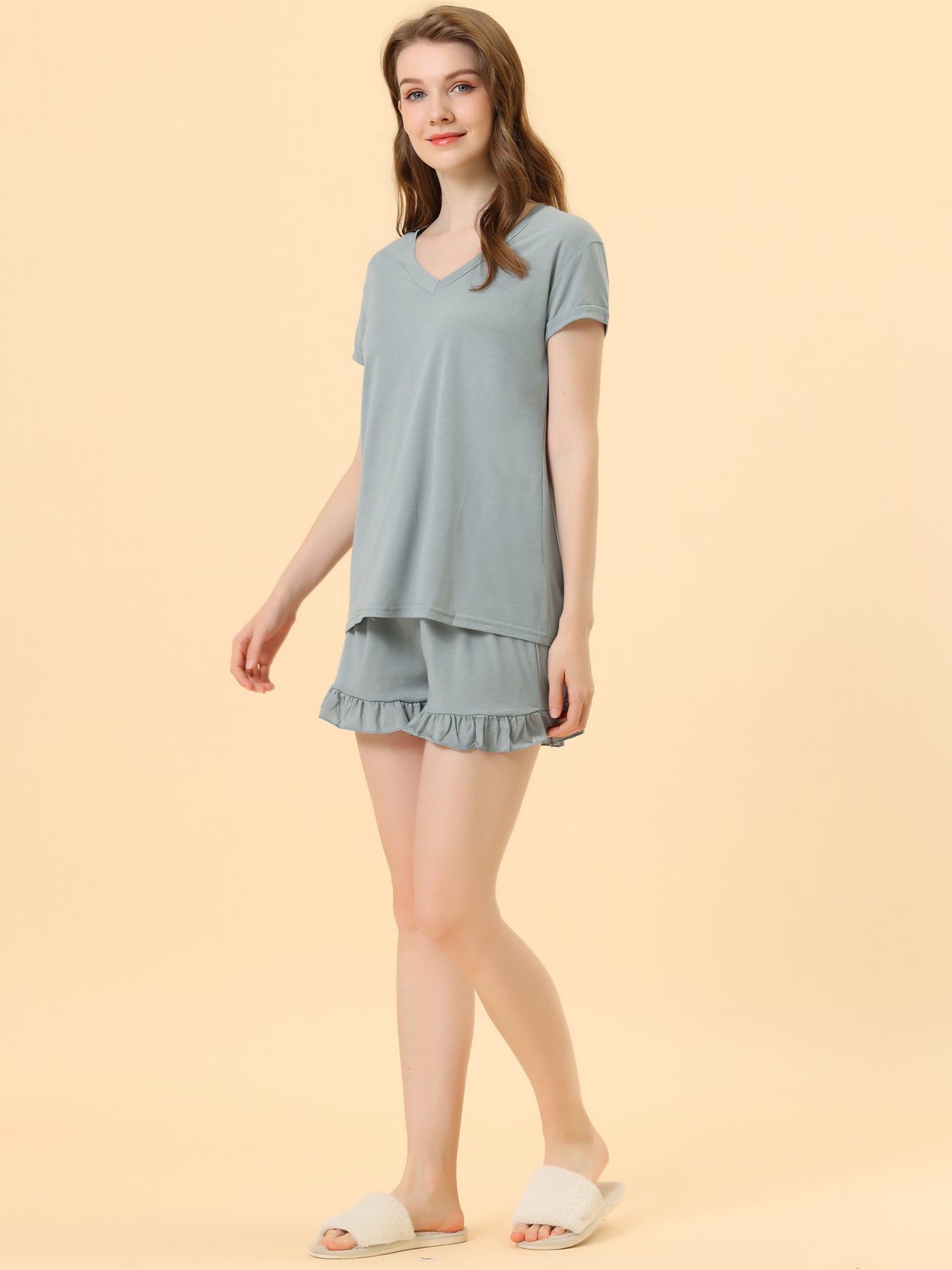 Allegra K Sleepwear Pajamas Tops Shorts Ruffle Nightwear Summer Lounge Sets