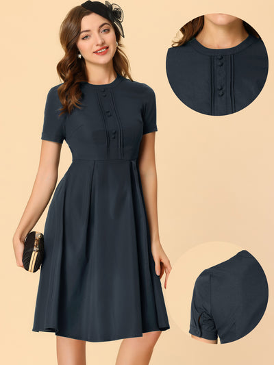 Vintage Round Neck Short Sleeve Pleated 1950s Midi Dress