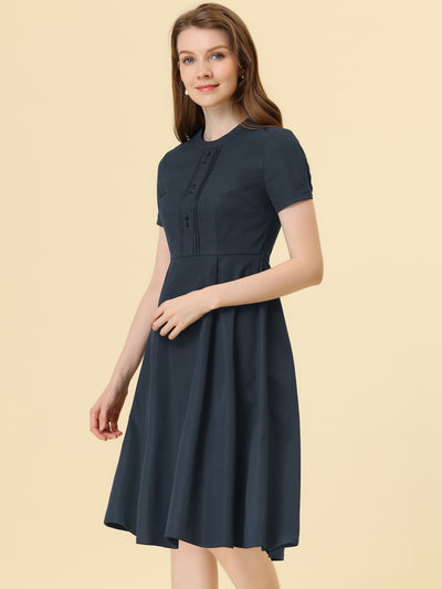 Vintage Round Neck Short Sleeve Pleated 1950s Midi Dress