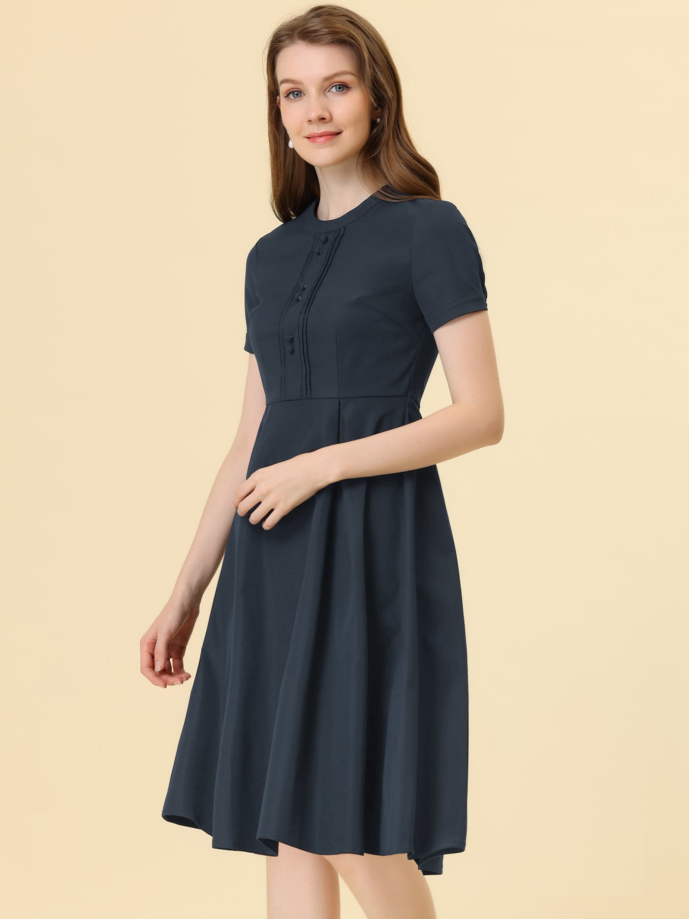 Allegra K Vintage Round Neck Short Sleeve Pleated 1950s Midi Dress