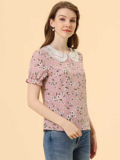 Floral Vintage Ruffled Short Sleeve Peter Pan Blouse