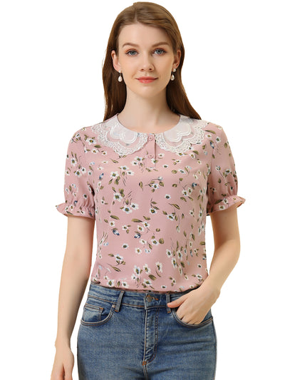 Floral Vintage Ruffled Short Sleeve Peter Pan Blouse