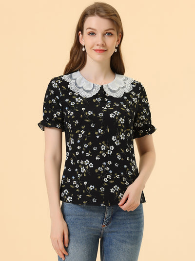 Floral Vintage Ruffled Short Sleeve Peter Pan Blouse