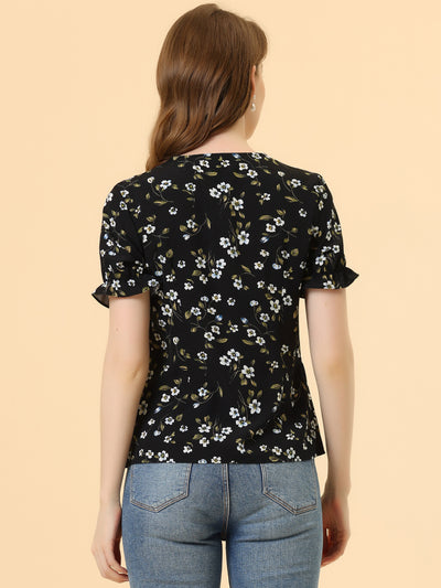 Floral Vintage Ruffled Short Sleeve Peter Pan Blouse