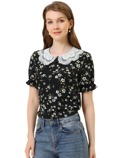 Floral Vintage Ruffled Short Sleeve Peter Pan Blouse