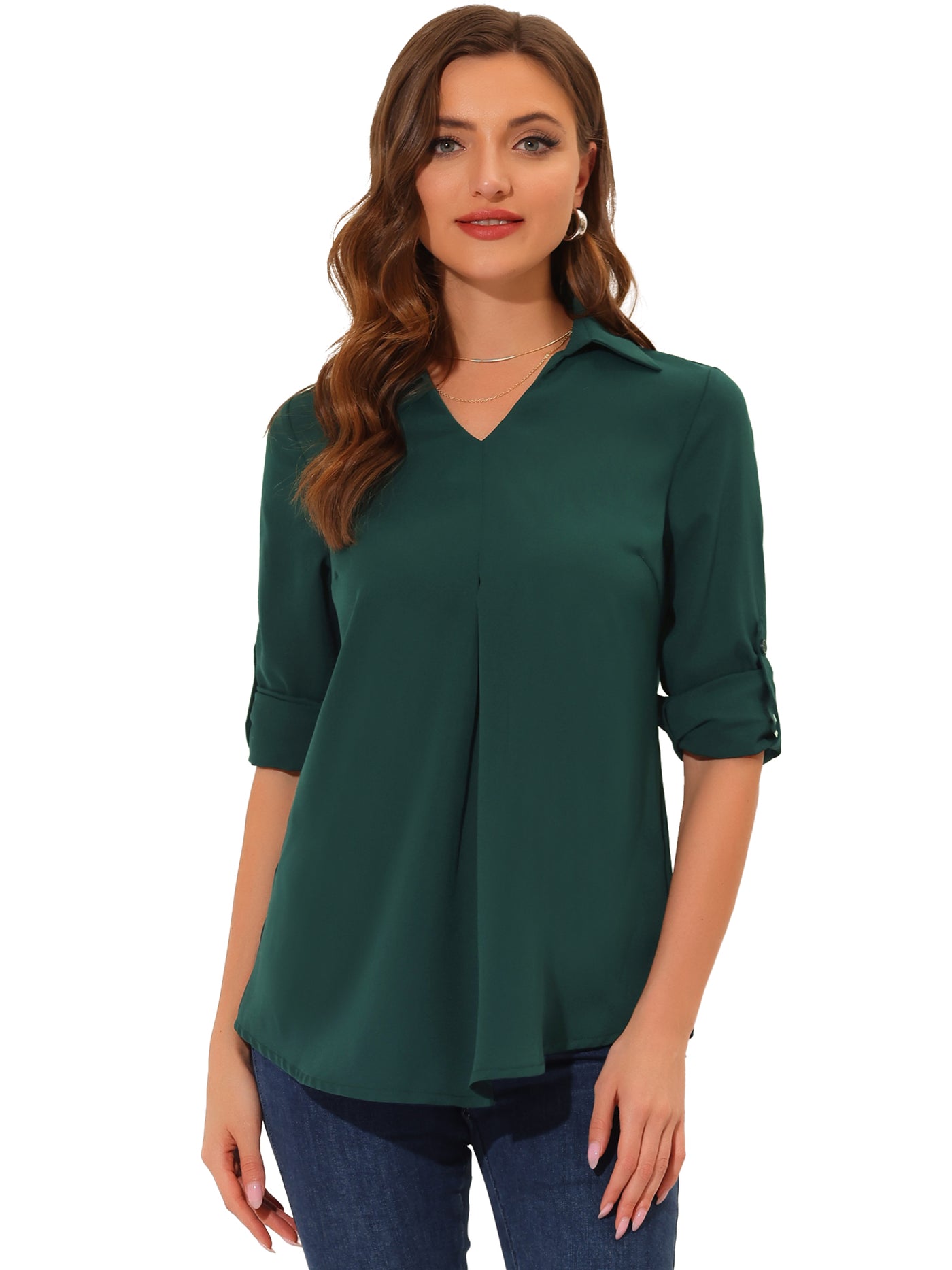Allegra K 3/4 Roll Sleeve V Neck Pleated Front Collared Solid Work Blouse