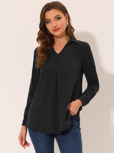 3/4 Roll Sleeve V Neck Pleated Front Collared Solid Work Blouse
