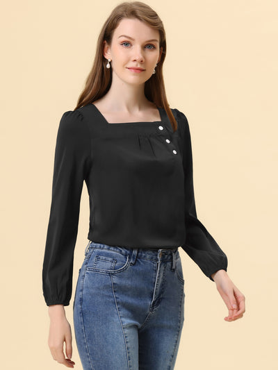 Long Sleeve Casual Solid Square Neck Top